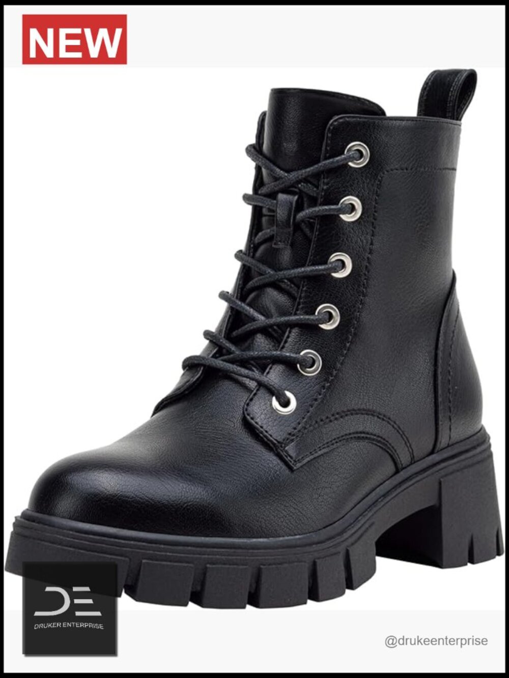 Combat Ankle Boots Lace-up Platform Chunky Heel Booties with Side Zipper Faux